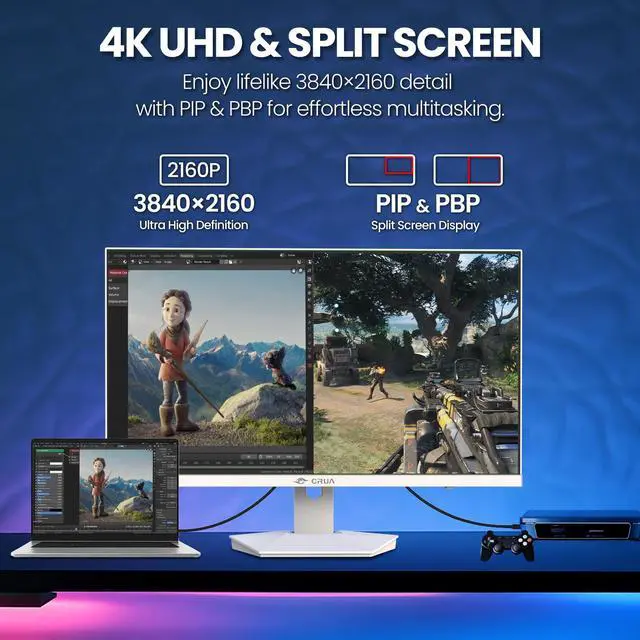 Alt view image 6 of 7 - CRUA 27 Gaming Monitor, IPS UHD 3840x2160 4K 160Hz / FHD 320Hz Dual Mode White Computer Monitor, Rotating/Pivot & Height-Adjustable, AMD FreeSync, Built-in Speakers, PIP/PBP, HDMI 2.1 & DP 1.4