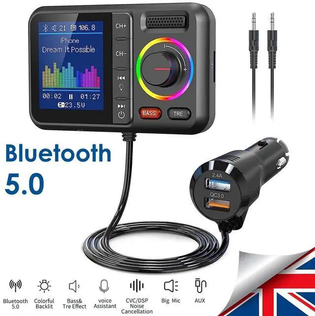Alt view image 2 of 7 - Bluetooth 5.0 Car Wireless FM Transmitter Adapter 2USB PD Charger AUX Hands-US