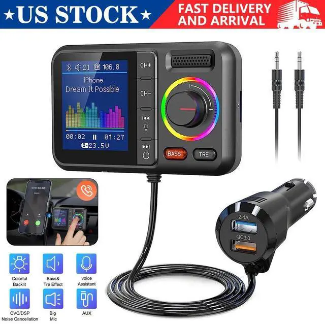 Main image of Bluetooth 5.0 Car Wireless FM Transmitter Adapter 2USB PD Charger AUX Hands-US