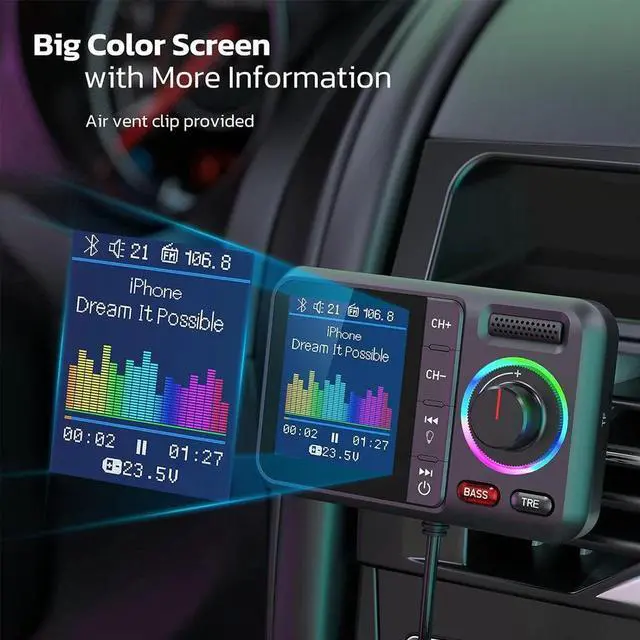 Alt view image 3 of 7 - Bluetooth 5.0 Car Wireless FM Transmitter Adapter 2USB PD Charger AUX Hands-US