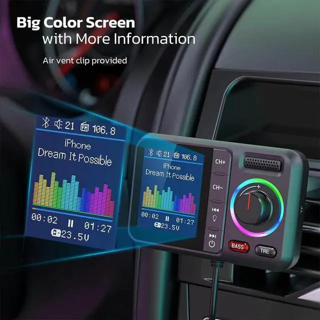 Alt view image 4 of 7 - Car Wireless FM Transmitter Adapter USB PD Charger AUX Hands-Free Bluetooth 5.0