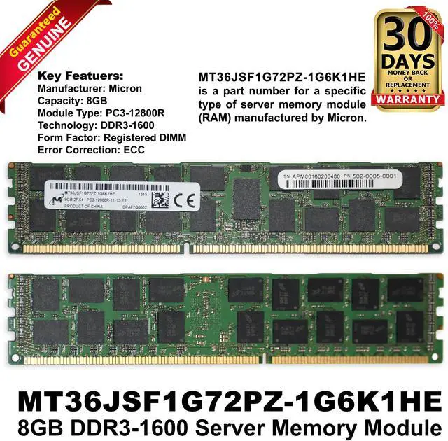 Main image of Dell EMC MT36JSF1G72PZ-1G6K1HE 8GB DDR3-1600 Server Memory Module 502-0005-0001