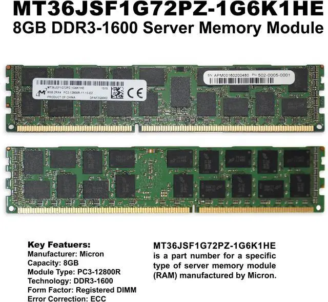 Alt view image 2 of 4 - Dell EMC MT36JSF1G72PZ-1G6K1HE 8GB DDR3-1600 Server Memory Module 502-0005-0001