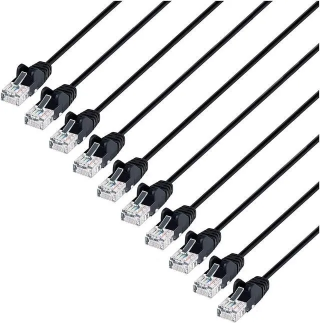 Main image of Intellinet Cat6 U/UTP Slim Network Patch Cable, 10 ft., Black, 10-Pack, 10G, 250 MHz, 100% Copper, 30 AWG, RJ45, Stranded, Snag-free, Gold-plated Contacts