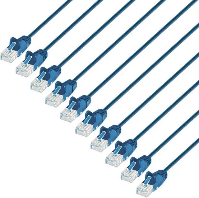 Main image of Intellinet Cat6 U/UTP Slim Network Patch Cable, 7 ft., Blue, 10-Pack, 10G, 250 MHz, 100% Copper, 30 AWG, RJ45, Stranded, Snag-free, Gold-plated Contacts