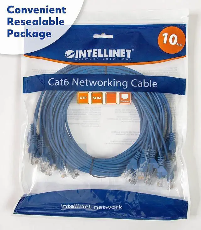 Alt view image 5 of 6 - Intellinet Cat6 U/UTP Slim Network Patch Cable, 7 ft., Blue, 10-Pack, 10G, 250 MHz, 100% Copper, 30 AWG, RJ45, Stranded, Snag-free, Gold-plated Contacts
