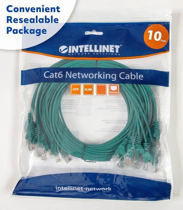 Alt view image 3 of 7 - Intellinet Cat6 U/UTP Slim Network Patch Cable, 0.5 ft., Green, 10-Pack, 10G, 250 MHz, 100% Copper, 30 AWG, RJ45, Stranded, Snag-free, Gold-plated Contacts