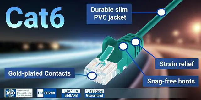 Alt view image 6 of 7 - Intellinet Cat6 U/UTP Slim Network Patch Cable, 0.5 ft., Green, 10-Pack, 10G, 250 MHz, 100% Copper, 30 AWG, RJ45, Stranded, Snag-free, Gold-plated Contacts
