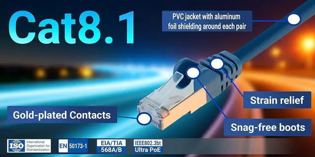 Alt view image 4 of 6 - Intellinet Cat8.1 U/FTP Slim Network Patch Cable, 7 ft., Blue, 10-Pack, 40G, 2 GHz, 100% Copper, 30 AWG, RJ45, Stranded, Snag-free, Gold-plated Contacts