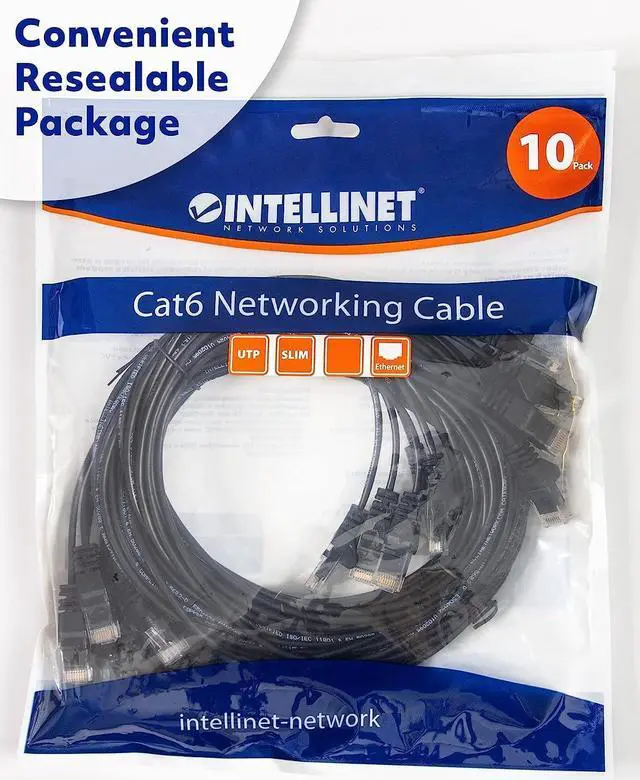 Alt view image 5 of 5 - Intellinet Cat6 U/UTP Slim Network Patch Cable, 10 ft., Black, 10-Pack, 10G, 250 MHz, 100% Copper, 30 AWG, RJ45, Stranded, Snag-free, Gold-plated Contacts