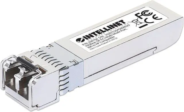 Main image of Intellinet 10 Gigabit Fiber SFP+ Optical Transceiver Module, 10GBase-SR (LC) Multi-Mode Port, 300 m (984 ft.), HPE-compatible, Silver