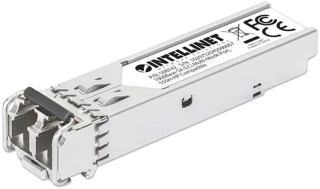 Main image of Intellinet Gigabit Fiber SFP Optical Transceiver Module, 1000Base-SX (LC) Multi-Mode Port, 550 m (1,800 ft.), HPE-compatible, Silver