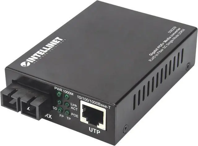 Main image of Intellinet Gigabit PoE+ Media Converter, 1000Base-T RJ45 Port to 1000Base-LX (SC) Single-Mode, 20 km (12.4 mi.), PoE+ Injector