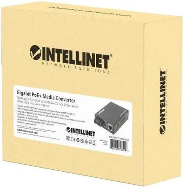 Alt view image 6 of 6 - Intellinet Gigabit PoE+ Media Converter, 1000Base-T RJ45 Port to 1000Base-LX (SC) Single-Mode, 20 km (12.4 mi.), PoE+ Injector