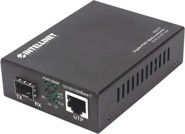 Main image of Intellinet Gigabit PoE+ Media Converter, 1 x 10/100/1000Base-T RJ45 Port to 1 x SFP Port, PoE+ Injector