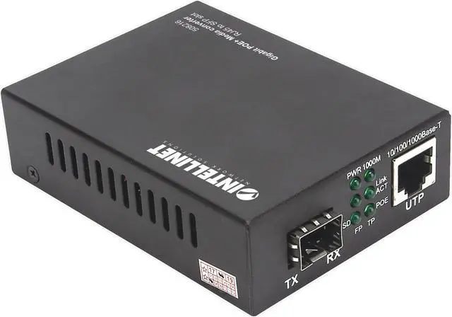 Alt view image 2 of 11 - Intellinet Gigabit PoE+ Media Converter, 1 x 10/100/1000Base-T RJ45 Port to 1 x SFP Port, PoE+ Injector