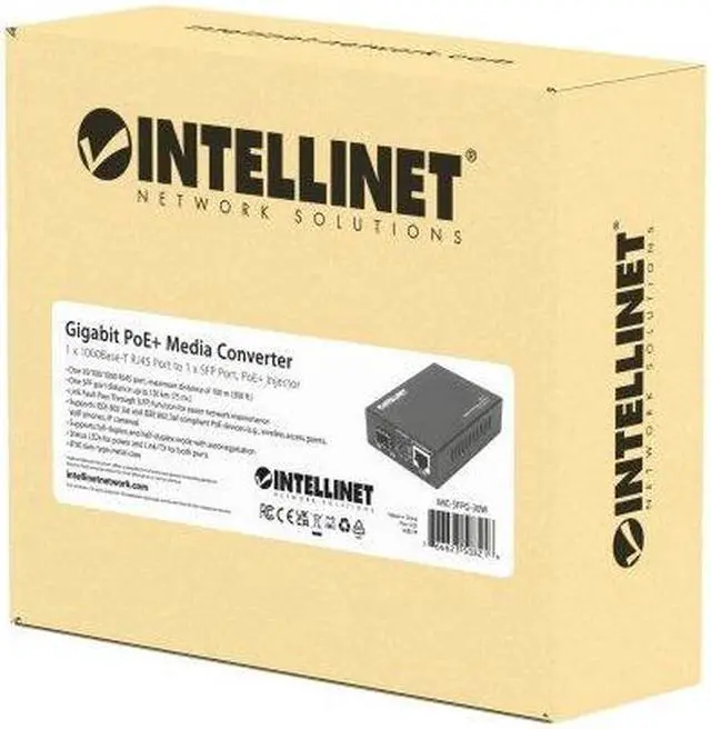 Alt view image 6 of 11 - Intellinet Gigabit PoE+ Media Converter, 1 x 10/100/1000Base-T RJ45 Port to 1 x SFP Port, PoE+ Injector