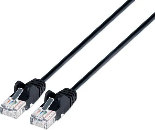 Main image of Intellinet Cat6a U/UTP Slim Network Patch Cable, 10 ft., Black, 10G, 500 MHz, 100% Copper, 30 AWG, RJ45, Stranded, Snag-free, Gold-plated Contacts
