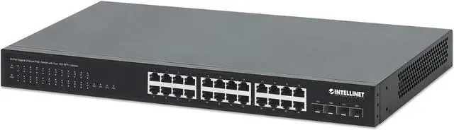 Main image of Intellinet 24-Port Gigabit Ethernet PoE+ Switch with Four 10G SFP+ Uplinks, IEEE 802.3at/af (PoE+/PoE) Compliant, PoE Power Budget of 370 W, Four 10G SFP+ Open Slots, 19" Rackmount
