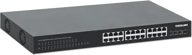 Alt view image 2 of 7 - Intellinet 24-Port Gigabit Ethernet PoE+ Switch with Four 10G SFP+ Uplinks, IEEE 802.3at/af (PoE+/PoE) Compliant, PoE Power Budget of 370 W, Four 10G SFP+ Open Slots, 19" Rackmount