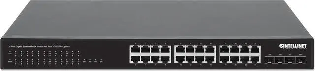 Alt view image 3 of 7 - Intellinet 24-Port Gigabit Ethernet PoE+ Switch with Four 10G SFP+ Uplinks, IEEE 802.3at/af (PoE+/PoE) Compliant, PoE Power Budget of 370 W, Four 10G SFP+ Open Slots, 19" Rackmount