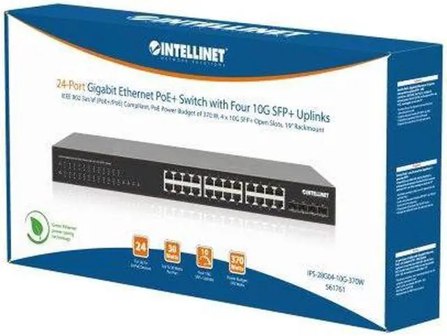 Alt view image 7 of 7 - Intellinet 24-Port Gigabit Ethernet PoE+ Switch with Four 10G SFP+ Uplinks, IEEE 802.3at/af (PoE+/PoE) Compliant, PoE Power Budget of 370 W, Four 10G SFP+ Open Slots, 19" Rackmount