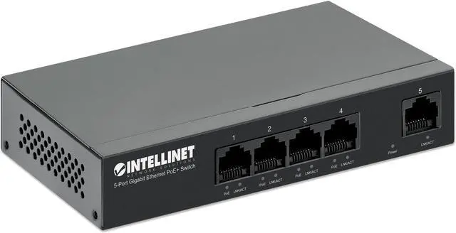 Alt view image 4 of 10 - Intellinet 5-Port Gigabit Ethernet PoE+ Switch, Four PSE PoE+ Gigabit Ports, One Gigabit Port, PoE Power Budget of 40 W, IEEE 802.3at/af Compliant, Desktop, Wall-mount Option