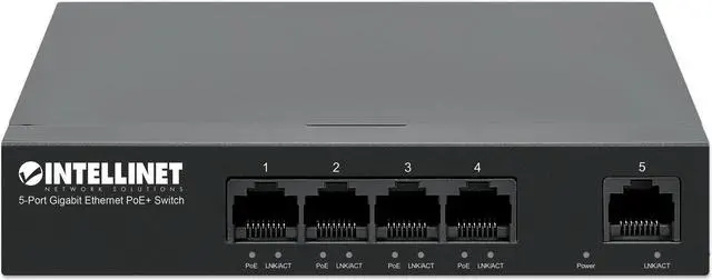 Alt view image 5 of 10 - Intellinet 5-Port Gigabit Ethernet PoE+ Switch, Four PSE PoE+ Gigabit Ports, One Gigabit Port, PoE Power Budget of 40 W, IEEE 802.3at/af Compliant, Desktop, Wall-mount Option