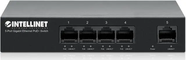 Alt view image 8 of 10 - Intellinet 5-Port Gigabit Ethernet PoE+ Switch, Four PSE PoE+ Gigabit Ports, One Gigabit Port, PoE Power Budget of 40 W, IEEE 802.3at/af Compliant, Desktop, Wall-mount Option