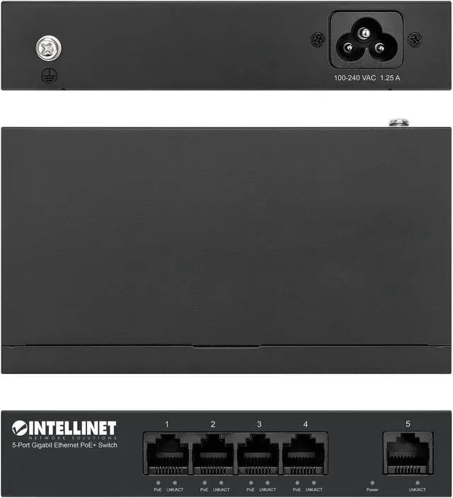 Alt view image 7 of 10 - Intellinet 5-Port Gigabit Ethernet PoE+ Switch, Four PSE PoE+ Gigabit Ports, One Gigabit Port, PoE Power Budget of 40 W, IEEE 802.3at/af Compliant, Desktop, Wall-mount Option