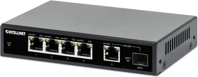 Main image of Intellinet 5-Port Gigabit Ethernet PoE+ Switch with SFP Port, Four PSE PoE Ports, IEEE 802.3at/af (PoE+/PoE) Compliant, PoE Power Budget of 91 W, Desktop Format, Wall-mount Option