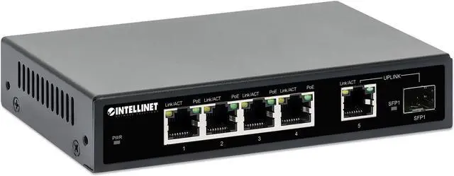 Alt view image 2 of 7 - Intellinet 5-Port Gigabit Ethernet PoE+ Switch with SFP Port, Four PSE PoE Ports, IEEE 802.3at/af (PoE+/PoE) Compliant, PoE Power Budget of 91 W, Desktop Format, Wall-mount Option