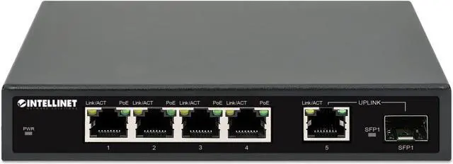 Alt view image 3 of 7 - Intellinet 5-Port Gigabit Ethernet PoE+ Switch with SFP Port, Four PSE PoE Ports, IEEE 802.3at/af (PoE+/PoE) Compliant, PoE Power Budget of 91 W, Desktop Format, Wall-mount Option