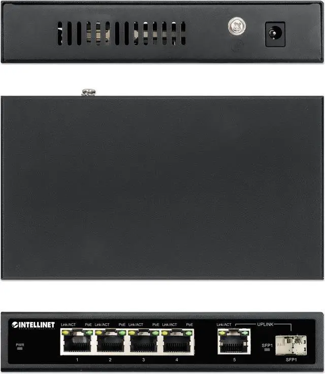 Alt view image 6 of 7 - Intellinet 5-Port Gigabit Ethernet PoE+ Switch with SFP Port, Four PSE PoE Ports, IEEE 802.3at/af (PoE+/PoE) Compliant, PoE Power Budget of 91 W, Desktop Format, Wall-mount Option