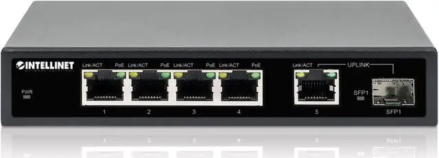 Alt view image 5 of 7 - Intellinet 5-Port Gigabit Ethernet PoE+ Switch with SFP Port, Four PSE PoE Ports, IEEE 802.3at/af (PoE+/PoE) Compliant, PoE Power Budget of 91 W, Desktop Format, Wall-mount Option