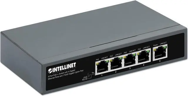 Alt view image 2 of 7 - Intellinet 5-Port PoE++ Switch with 4 Gigabit Ethernet Ports and 1 RJ45 Gigabit Uplink Port, IEEE 802.3bt (4PPoE) Compliant, Four PSE PoE++ Ports (90 W), 140 W PoE Power Budget, Unmanaged, Desktop For