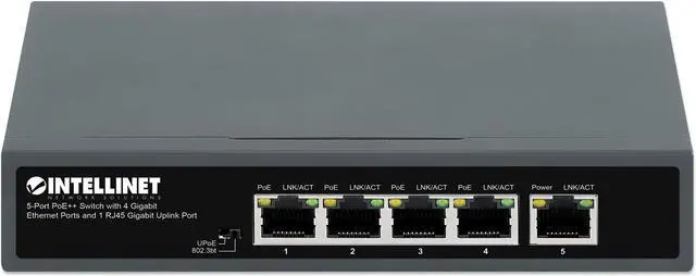 Alt view image 3 of 7 - Intellinet 5-Port PoE++ Switch with 4 Gigabit Ethernet Ports and 1 RJ45 Gigabit Uplink Port, IEEE 802.3bt (4PPoE) Compliant, Four PSE PoE++ Ports (90 W), 140 W PoE Power Budget, Unmanaged, Desktop For