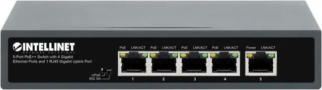 Alt view image 5 of 7 - Intellinet 5-Port PoE++ Switch with 4 Gigabit Ethernet Ports and 1 RJ45 Gigabit Uplink Port, IEEE 802.3bt (4PPoE) Compliant, Four PSE PoE++ Ports (90 W), 140 W PoE Power Budget, Unmanaged, Desktop For