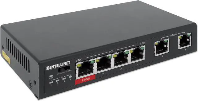 Alt view image 2 of 7 - Intellinet 6-Port Fast Ethernet Switch with 4 PoE Ports (1 x High-Power PoE), One High-Power 60 W PSE PoE Port, Three IEEE 802.3at/af PSE PoE Ports, PoE Power Budget of 65 W, PoE Extend Mode, Two RJ45
