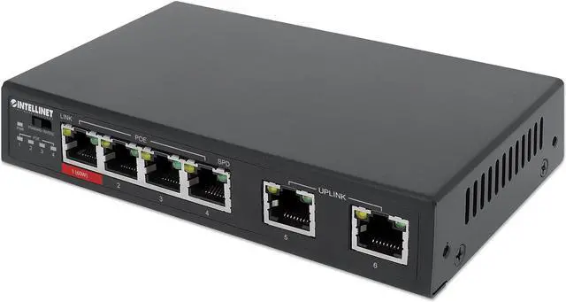 Main image of Intellinet 6-Port Fast Ethernet Switch with 4 PoE Ports (1 x High-Power PoE), One High-Power 60 W PSE PoE Port, Three IEEE 802.3at/af PSE PoE Ports, PoE Power Budget of 65 W, PoE Extend Mode, Two RJ45