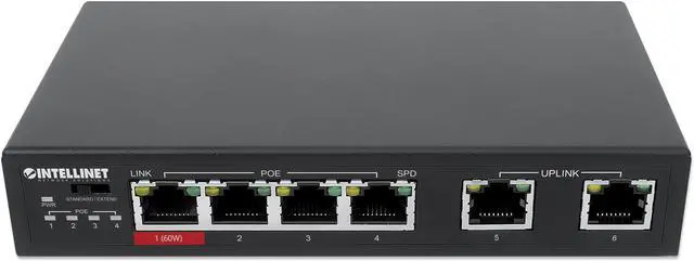 Alt view image 3 of 7 - Intellinet 6-Port Fast Ethernet Switch with 4 PoE Ports (1 x High-Power PoE), One High-Power 60 W PSE PoE Port, Three IEEE 802.3at/af PSE PoE Ports, PoE Power Budget of 65 W, PoE Extend Mode, Two RJ45