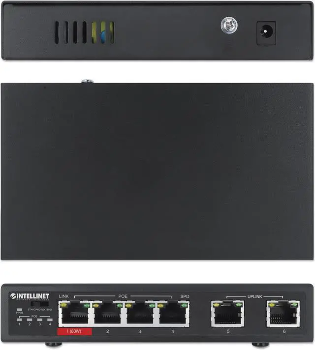 Alt view image 5 of 7 - Intellinet 6-Port Fast Ethernet Switch with 4 PoE Ports (1 x High-Power PoE), One High-Power 60 W PSE PoE Port, Three IEEE 802.3at/af PSE PoE Ports, PoE Power Budget of 65 W, PoE Extend Mode, Two RJ45
