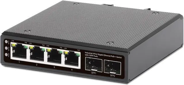 Main image of Intellinet Industrial 4-Port Gigabit Ethernet PoE++ Switch with 2 SFP Ports, IEEE 802.3bt (4PPoE) Compliant, PoE Power Budget up to 240 W, Output up to 95 W per Port, IP40-Rated Metal Housing, DIN-Rai