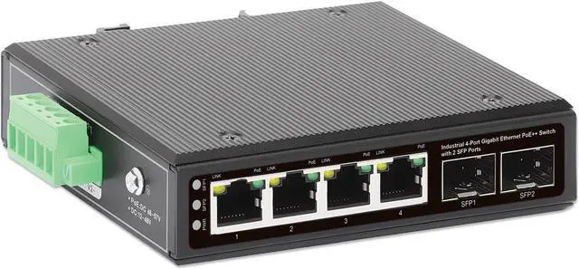Alt view image 2 of 7 - Intellinet Industrial 4-Port Gigabit Ethernet PoE++ Switch with 2 SFP Ports, IEEE 802.3bt (4PPoE) Compliant, PoE Power Budget up to 240 W, Output up to 95 W per Port, IP40-Rated Metal Housing, DIN-Rai