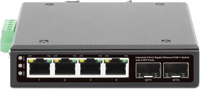 Alt view image 3 of 7 - Intellinet Industrial 4-Port Gigabit Ethernet PoE++ Switch with 2 SFP Ports, IEEE 802.3bt (4PPoE) Compliant, PoE Power Budget up to 240 W, Output up to 95 W per Port, IP40-Rated Metal Housing, DIN-Rai