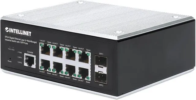 Main image of Intellinet Industrial 8-Port Gigabit Ethernet Layer 2+ Web-Managed Switch with 2 SFP Ports, IP30-Rated Metal Housing, SNMP, QoS, VLAN, ACL, DIN-Rail Mount