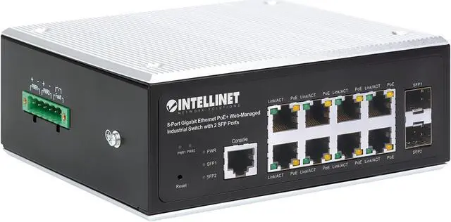 Main image of Intellinet Industrial 8-Port Gigabit Ethernet PoE+ Layer 2+ Web-Managed Switch with 2 SFP Ports, IEEE 802.3at/af PoE Compliant, PoE Power Budget up to 240 W, Layer 2+/Layer 3 Lite, IP30-Rated