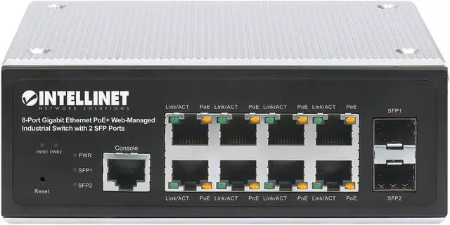 Alt view image 4 of 7 - Intellinet Industrial 8-Port Gigabit Ethernet PoE+ Layer 2+ Web-Managed Switch with 2 SFP Ports, IEEE 802.3at/af PoE Compliant, PoE Power Budget up to 240 W, Layer 2+/Layer 3 Lite, IP30-Rated