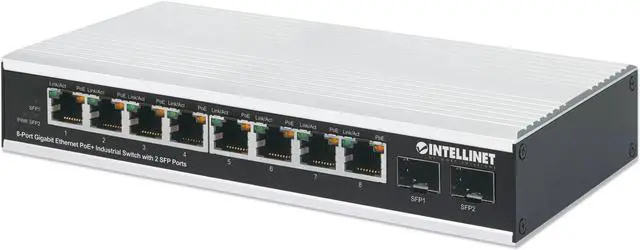Main image of Intellinet Industrial 8-Port Gigabit Ethernet PoE+ Switch with 2 SFP Ports, IEEE 802.3at/af (PoE+/PoE) Compliant, PoE Power Budget up to 240 W, IP40-Rated Metal Housing, Endspan, DIN-Rail Mount