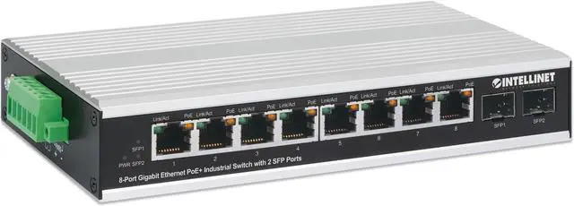 Alt view image 2 of 7 - Intellinet Industrial 8-Port Gigabit Ethernet PoE+ Switch with 2 SFP Ports, IEEE 802.3at/af (PoE+/PoE) Compliant, PoE Power Budget up to 240 W, IP40-Rated Metal Housing, Endspan, DIN-Rail Mount